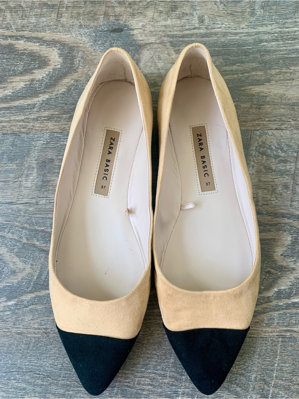 Zara Beige and Black Pointed-Toe Two-Tone Flats